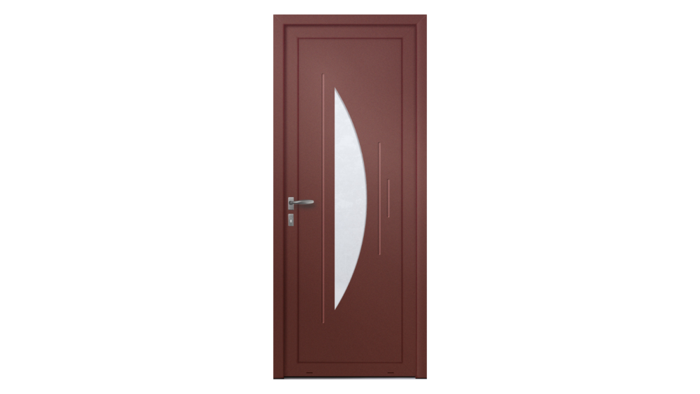 Porte d'entrée aluminium CHINON Porte d'entrée rouge foncée avec décor vitré en demi-lune
